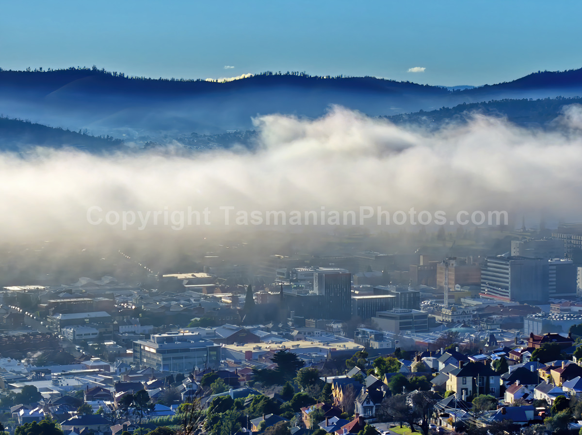 The city of Hobart covered in a fog formation known as the Bridgewater Jerry. (martin chambers: tasmanianphotos.com) (03/07/19) : Bridgewater-Jerry-Hobart-Tasmania_20190704-204602