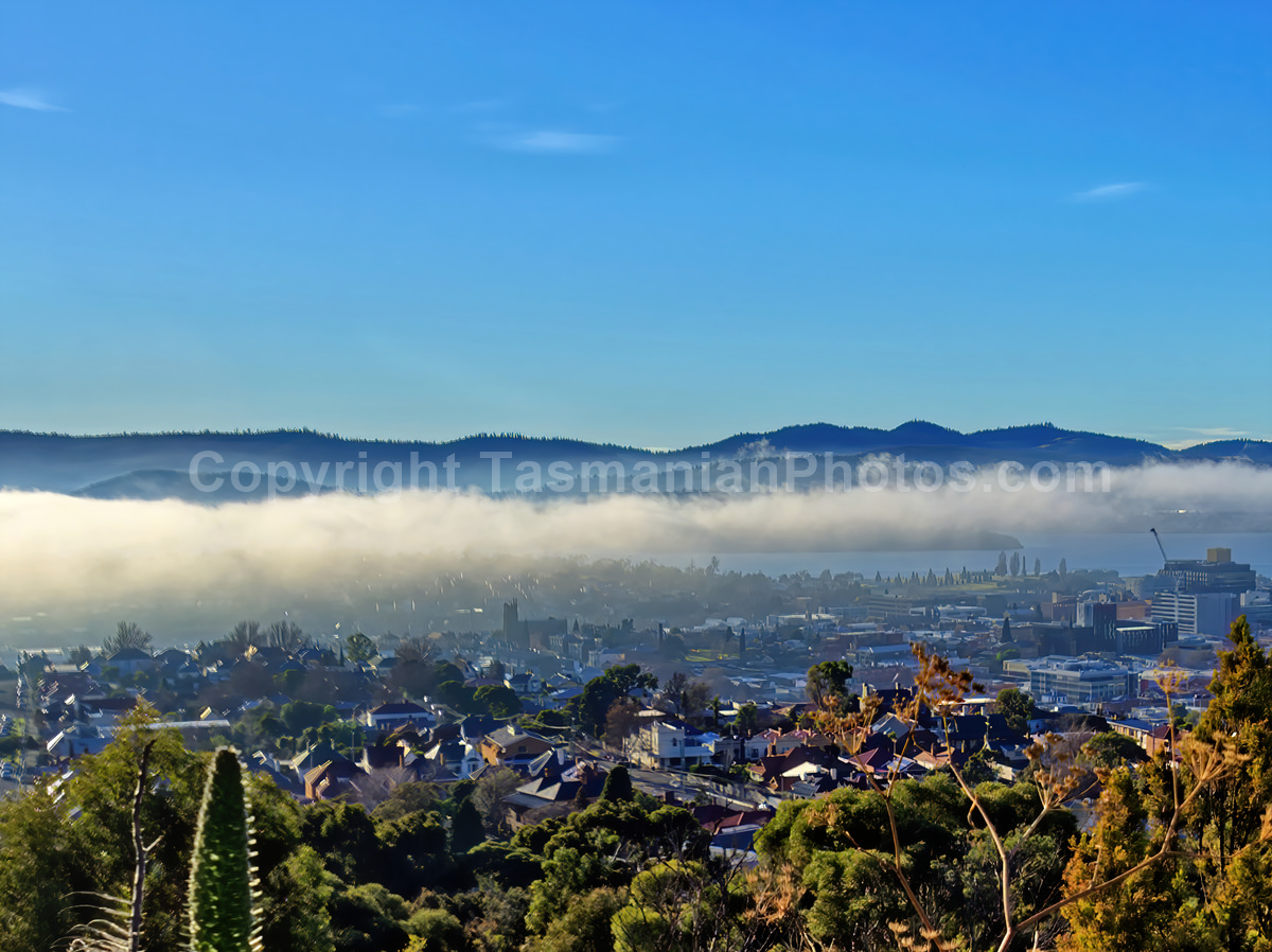 The city of Hobart covered in a fog formation known as the Bridgewater Jerry. (martin chambers: tasmanianphotos.com) (04/07/19) : Bridgewater-Jerry-Hobart-Tasmania_20190704-204604