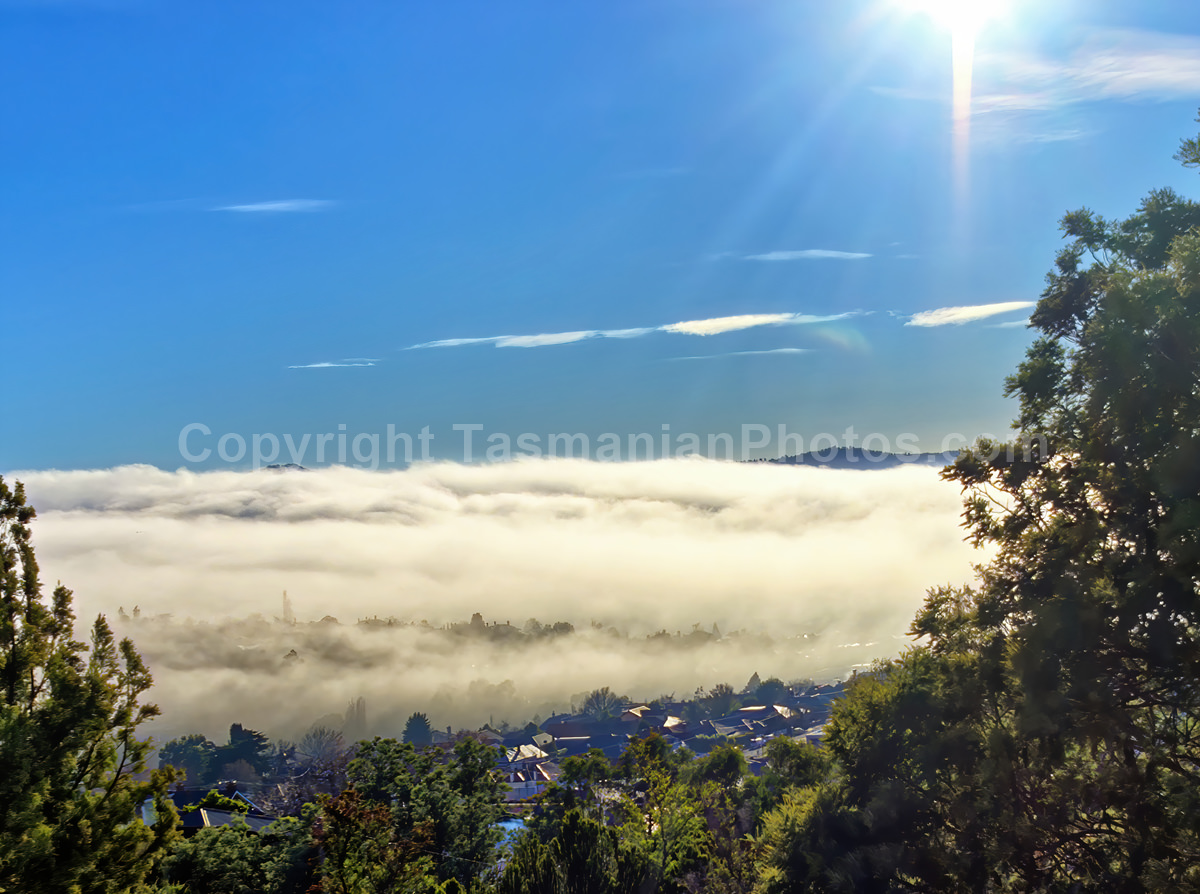 The city of Hobart covered in a fog formation known as the Bridgewater Jerry. (martin chambers: tasmanianphotos.com) (03/07/19) : Bridgewater-Jerry-Hobart-Tasmania_20190704-204605