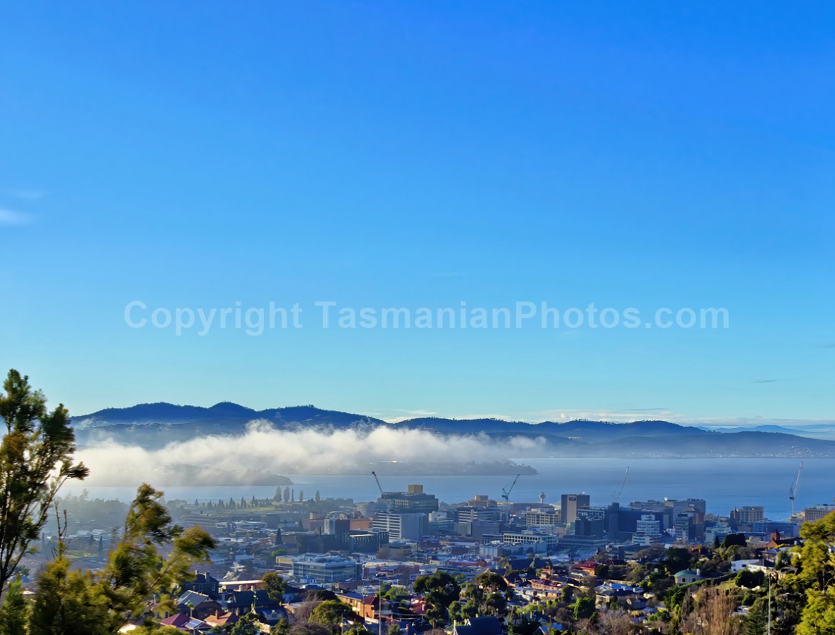 The city of Hobart covered in a fog formation known as the Bridgewater Jerry. (martin chambers: tasmanianphotos.com) (03/07/19) : Bridgewater-Jerry-Hobart-Tasmania_20190704-204607
