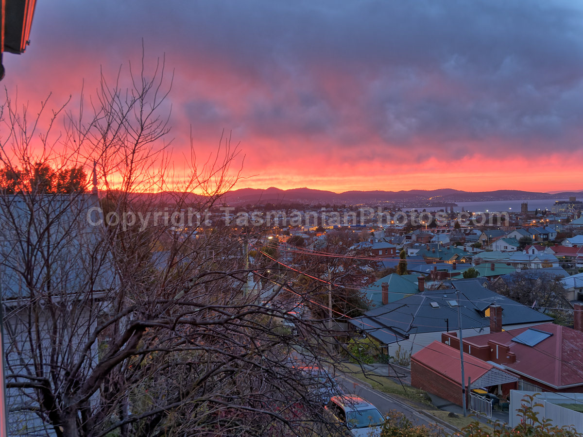 Sunrise over Hobart City from West Hobart, Tasmania.  (martin chambers: tasmanianphotos.com) (01/06/21) : Hobart-City-West-Hobart-Tasmania_20210601-150610
