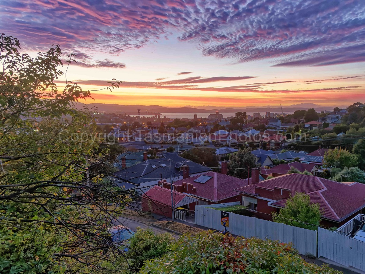 Sunrise over Hobart City from West Hobart, Tasmania.  (04/03/22) : Hobart-City-West-Hobart-Tasmania_20220304-053301