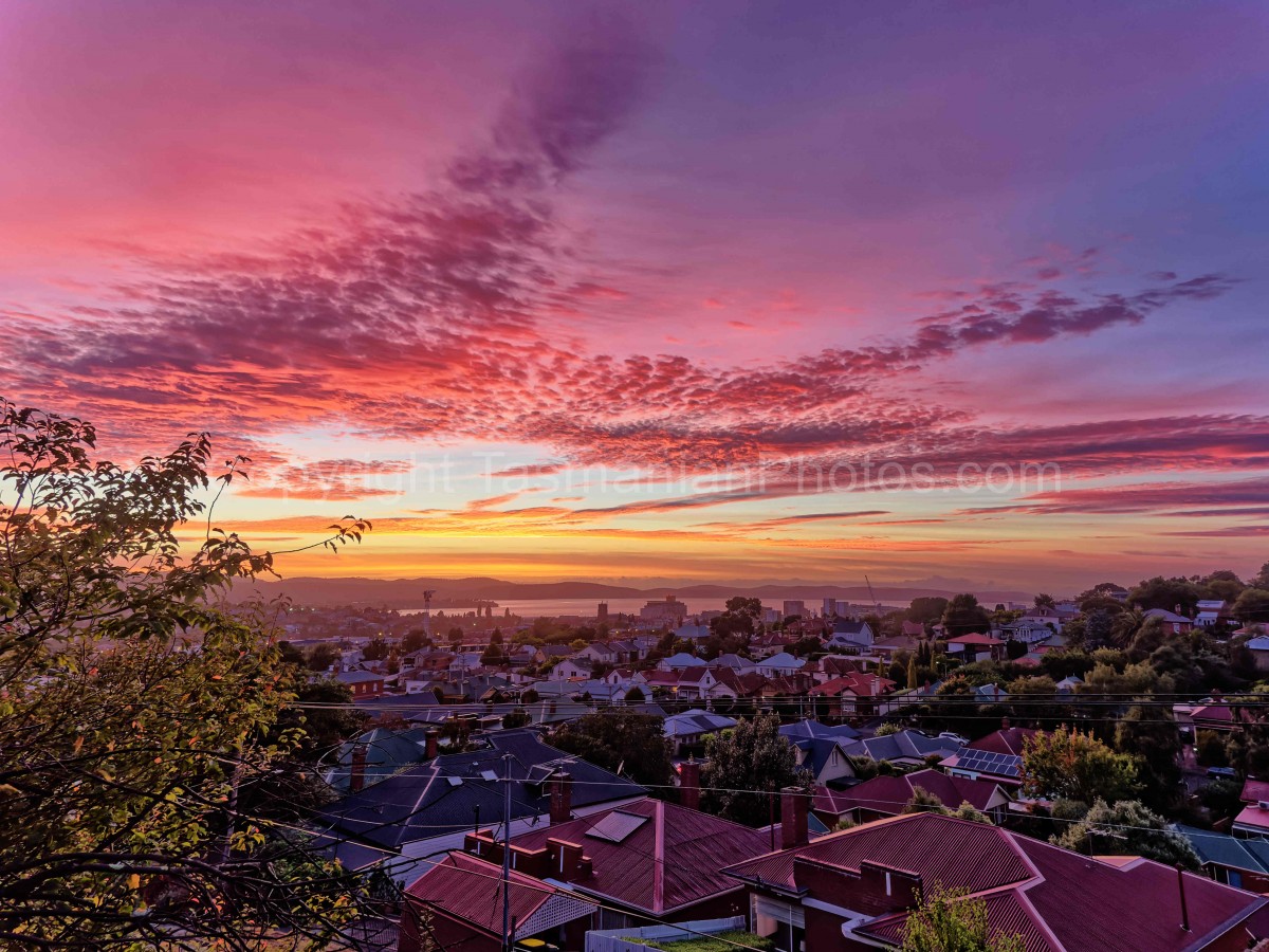 Sunrise over Hobart City from West Hobart, Tasmania.  (04/03/22) : Hobart-City-West-Hobart-Tasmania_20220304-054310